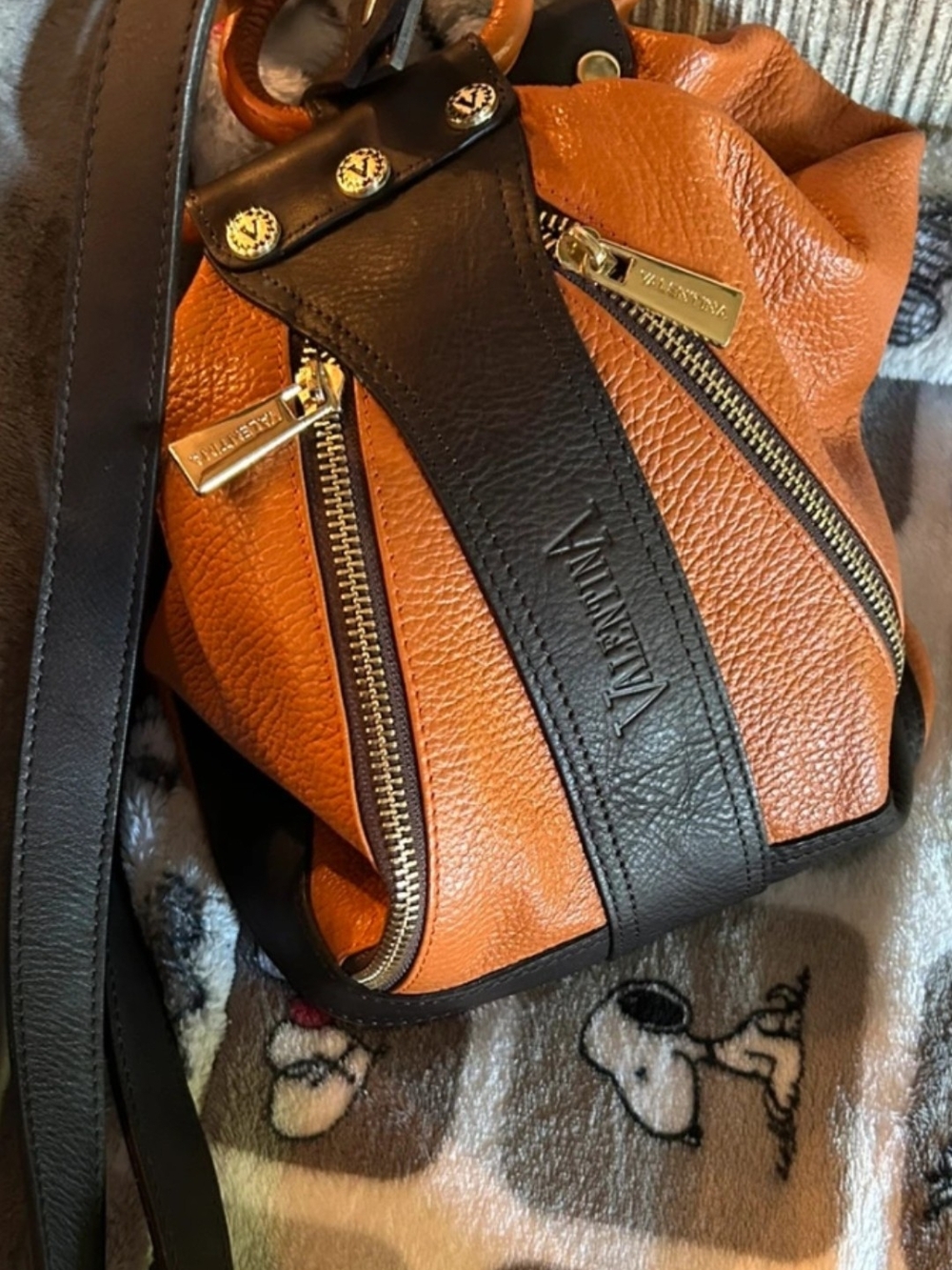 Valentina Orange & Black Leather Shoulder Bag with Gold Hardware